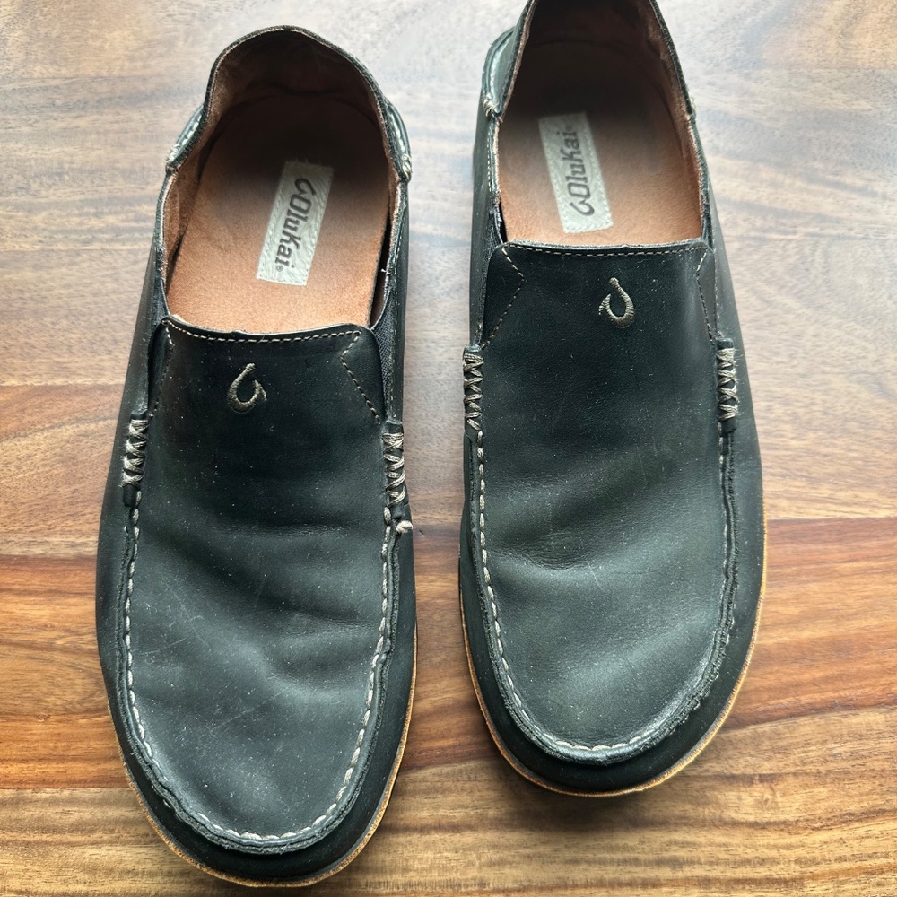 Olukai Moloa Shoes Mens 11 Black Convertible Leather Slip On Casual Moc Loafers‎ - Picture 2 of 6